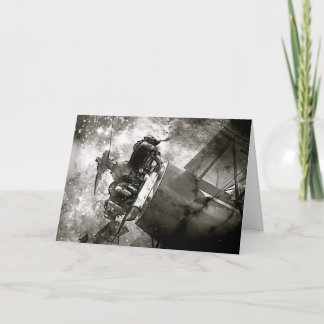 Galactic Biplane Night Sky Black and White Card