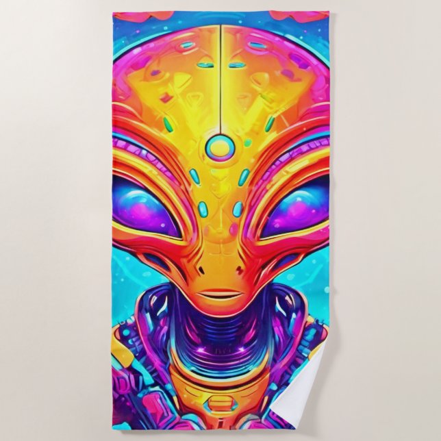 Galactic Cyborg Alien with Neon Glow Beach Towel (Front)