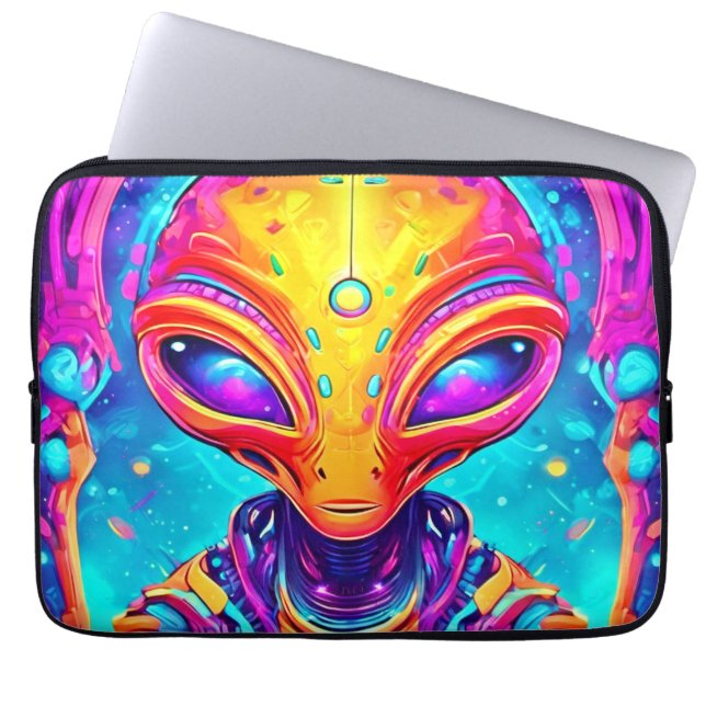 Galactic Cyborg Alien with Neon Glow Laptop Sleeve (Front)