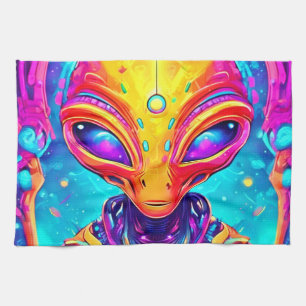 Galactic Cyborg Alien with Neon Glow Tea Towel