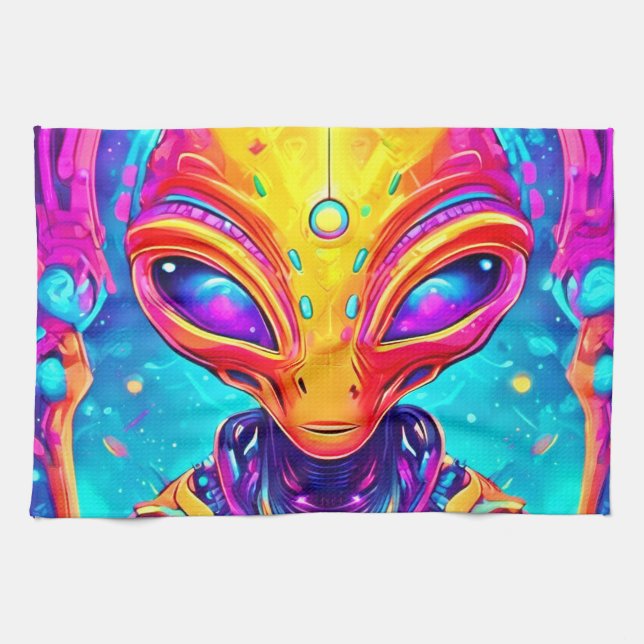 Galactic Cyborg Alien with Neon Glow Tea Towel (Horizontal)