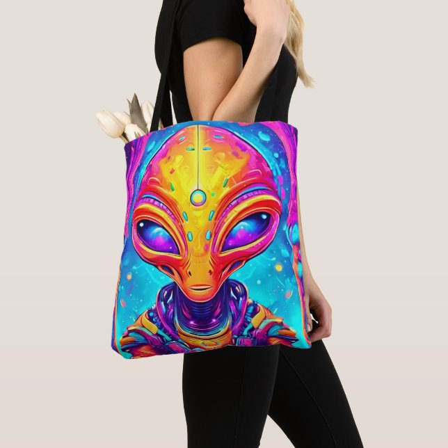Galactic Cyborg Alien with Neon Glow Tote Bag (Close Up)