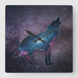 Galactic Howling Wolf Silhouette Square Wall Clock