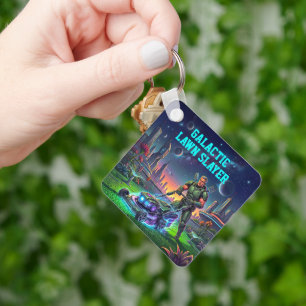 Galactic Lawn Slayer Retro Comic Space Astronaut Key Ring