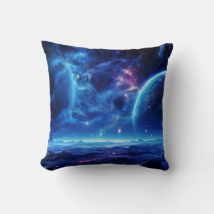 Galactic Oasis: Blue Nebula Stellar Landscape Cushion