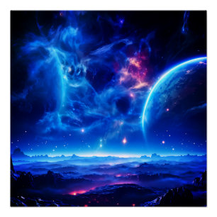 Galactic Oasis: Blue Nebula Stellar Landscape  Poster