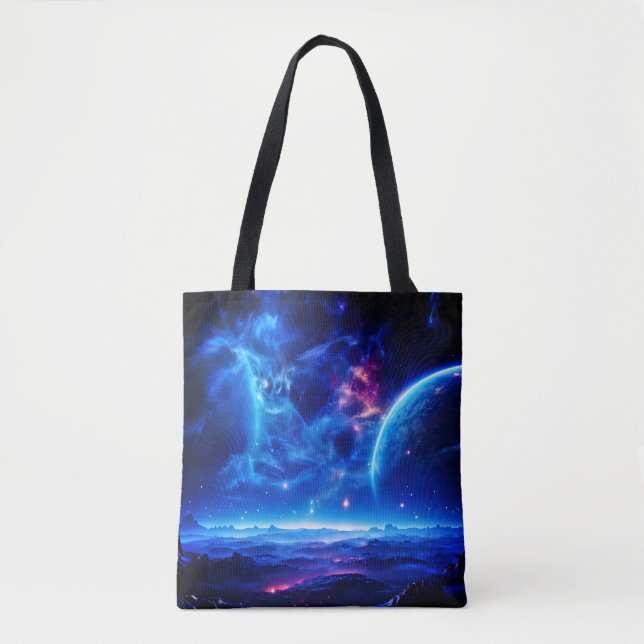 Galactic Oasis: Blue Nebula Stellar Landscape  Tote Bag (Front)