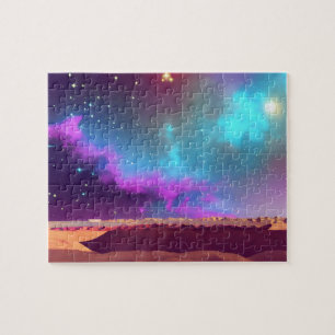 Galactic Purple and Blue Mystical Sky Over Planet Jigsaw Puzzle
