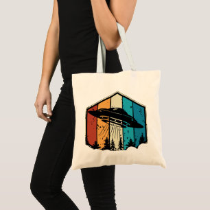 Galactic Reverie: UFO Soars Over Retro Forest Tote Bag