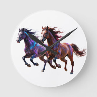 Galactic Running Neon Mystic Horses Pair Fantasy Round Clock
