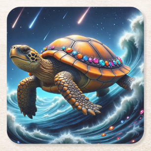 Galactic Sea Turtle Square Paper Coaster