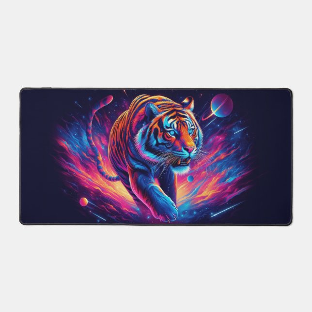 Galactic Tiger, Eye-Catching Neon Animals Desk Mat (Front)