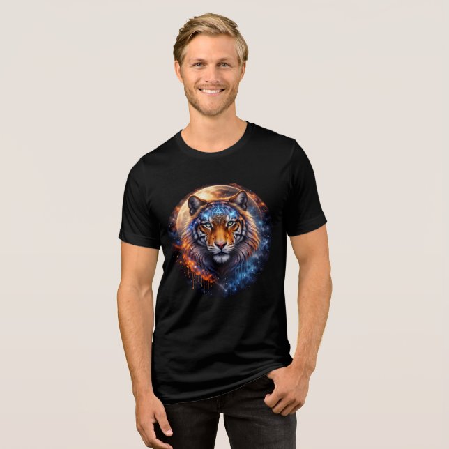 Galactic Tiger with Moon & Sacred Geometry Tri-Blend Shirt (Front Full)