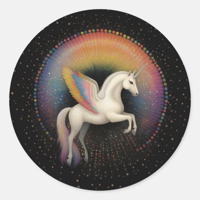 Galactic Unicorn Rainbow Coloured Stars Deep Space Classic Round Sticker (Front)