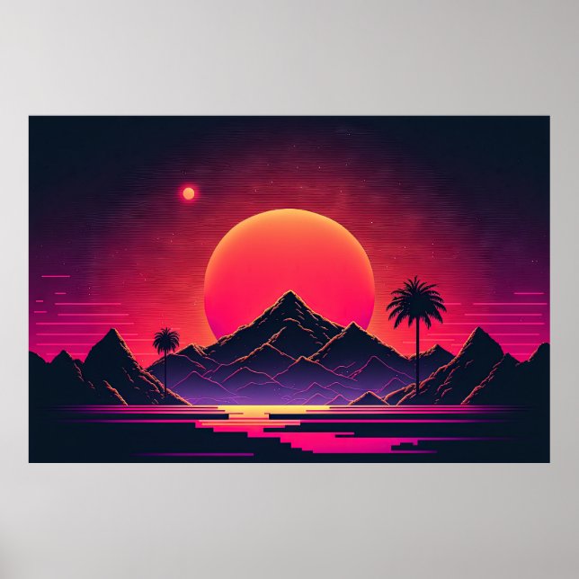 Galactic Vista: Neon Mountain Oasis Poster (Front)