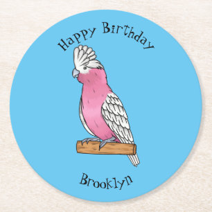 Galah bird cartoon illustration round paper coaster