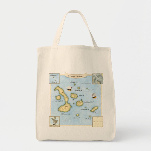 Galapagos Archipelago Map with Sailing Ships Tote Bag (Front)