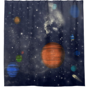 Galaxies with stars and planets in space shower curtain