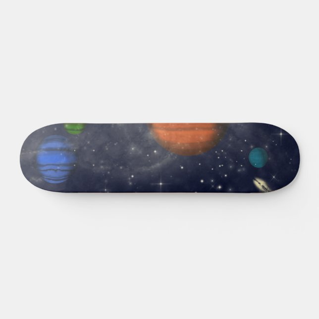 Galaxies with stars and planets in space skateboard (Horz)