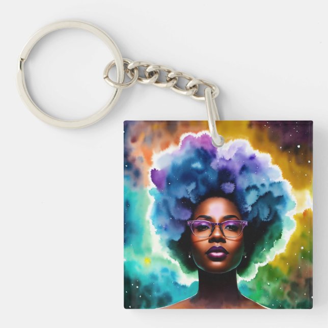  Galaxy Afro Black Woman In Glasses Key Ring (Front)