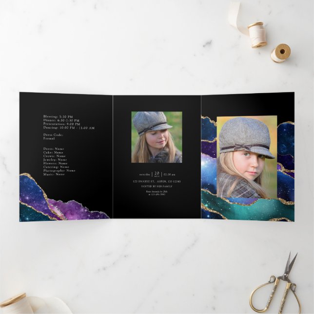 Galaxy Agate Quinceañera Photo Tri-Fold Invitation (Inside)