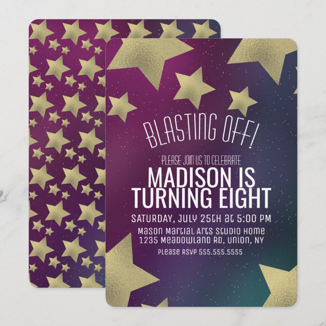 Galaxy and Gold Stars Space Birthday Any Age Invitation (Front/Back)
