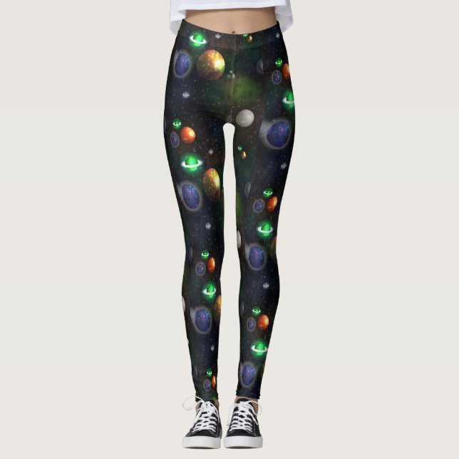 Galaxy and planets on black background leggings (Front)