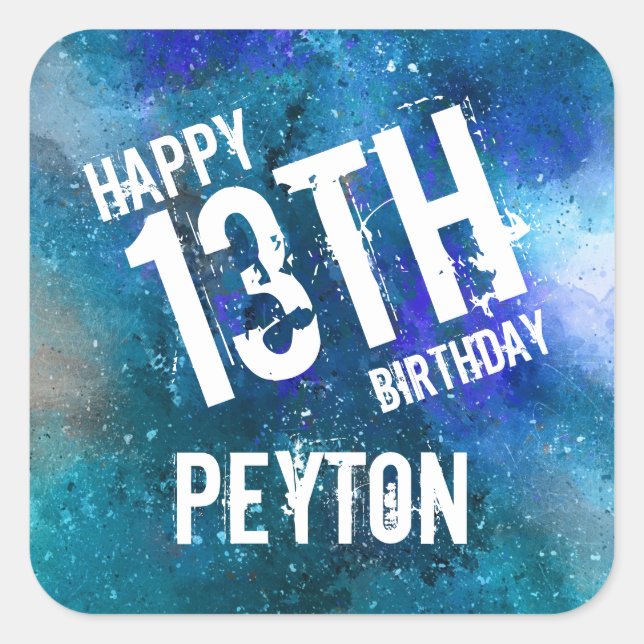 Galaxy Aqua Blue Watercolor Personalised Birthday Square Sticker (Front)