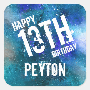 Galaxy Aqua Blue Watercolor Personalised Birthday Square Sticker