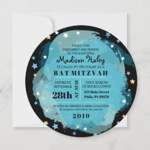 GALAXY Aqua Gold Stars Bar Bat Mitzvah Invitation
