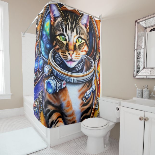Galaxy Astronaut Cat Shower Curtain (In Situ)