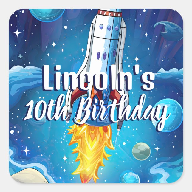 Galaxy Astronaut Space Shuttle Rocketship Birthday Square Sticker (Front)