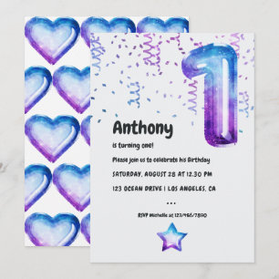 Galaxy Balloon 1st Birthday Invitation