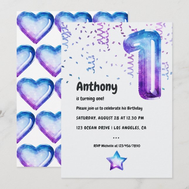 Galaxy Balloon 1st Birthday Invitation (Front/Back)