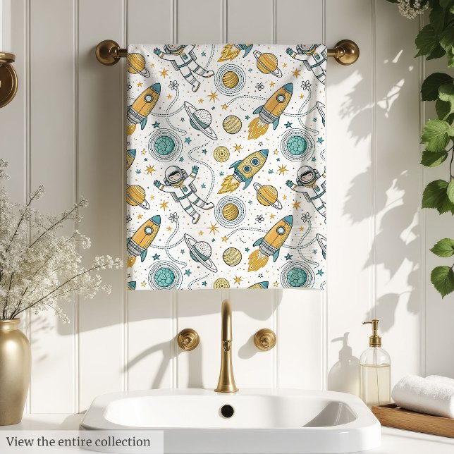 Galaxy Bath Towel Rockets & Planets in Soft Hues (Galaxy Bath Towel Rockets & Planets in Soft Hues)