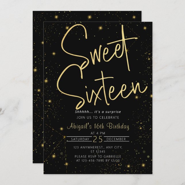 Galaxy Black Gold Sweet 16th Birthday Party Invitation (Front/Back)