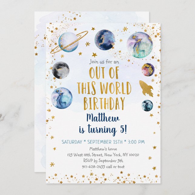 Galaxy Blue Gold Out Of This World Birthday Invitation (Front/Back)