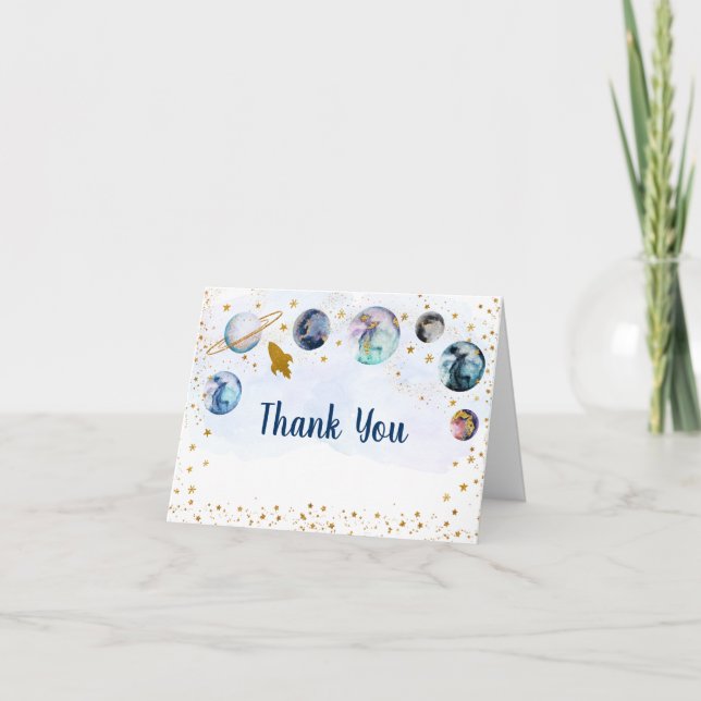 Galaxy Blue Gold Outer Space Birthday Thank You Card (Front)