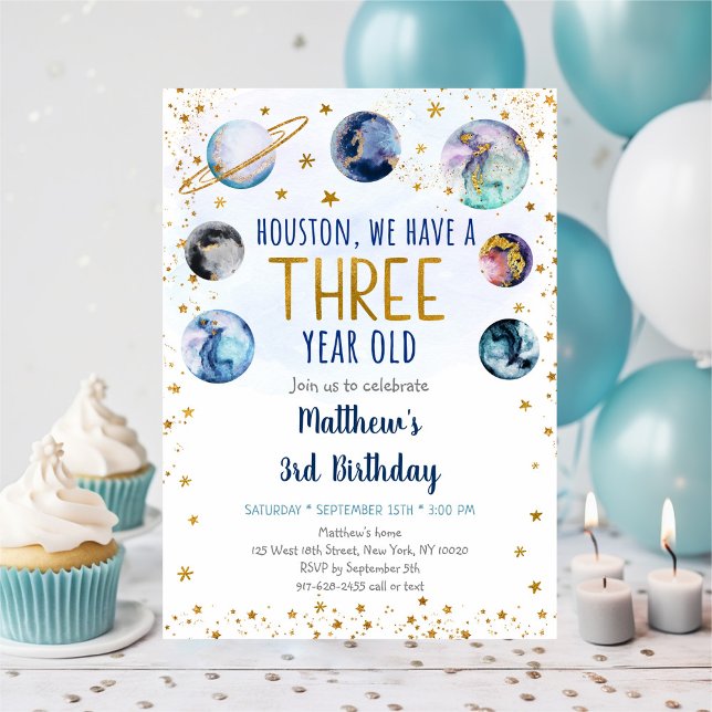 Galaxy Blue Gold Space Third Birthday Invitation (Creator Uploaded)