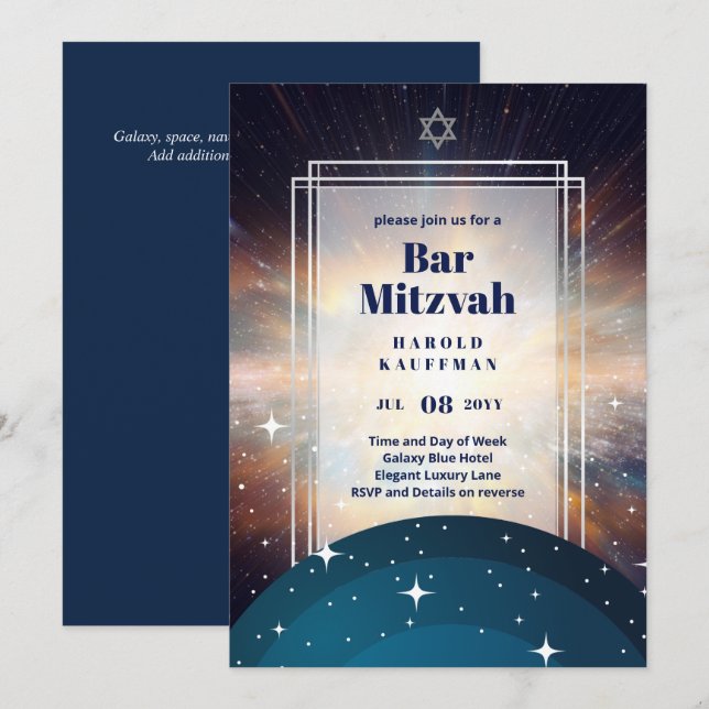 GALAXY Boys BAR MITVAH Space Blue Invitation (Front/Back)