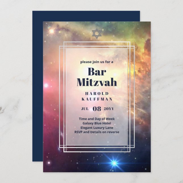 GALAXY Boys BAR MITVAH Space Blue Invitation (Front/Back)