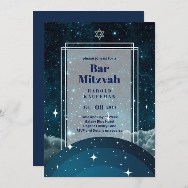 GALAXY Boys BAR MITVAH Space Blue Invitation (Front/Back)