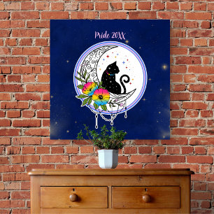 Galaxy Cat and Flowers in Pansexual Flag Colours Poster
