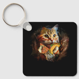 Galaxy Cat Funny Space Cat Eat Pizza and Taco Taco Key Ring