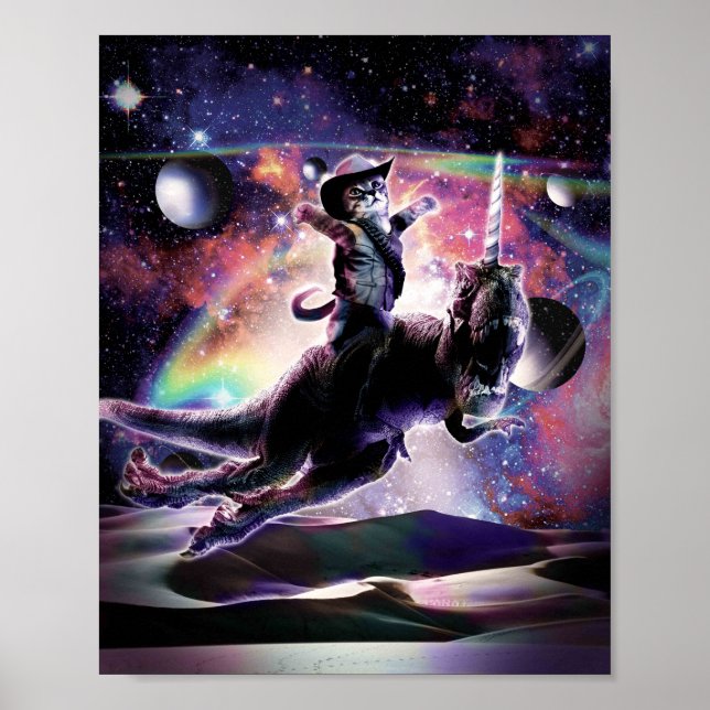 Galaxy Cat On Dinosaur Unicorn In Space Poster (Front)