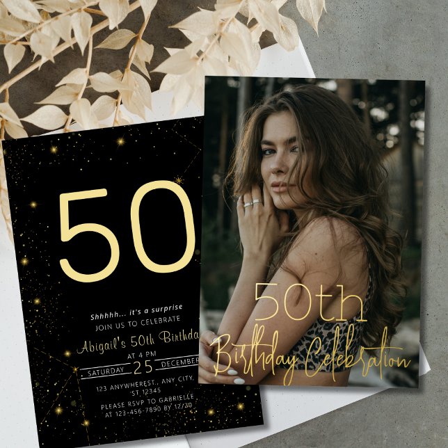Galaxy Elegant Photo Black Gold Birthday Party (Galaxy Elegant Photo Black Gold Birthday Party Foil Invitation)