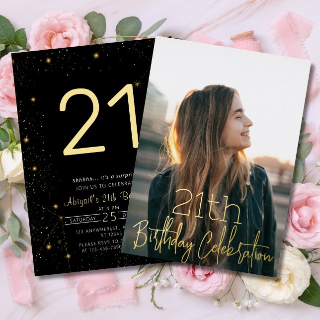 Galaxy Elegant Photo Black Gold Birthday Party (Galaxy Elegant Photo Black Gold Birthday Party Foil Invitation )