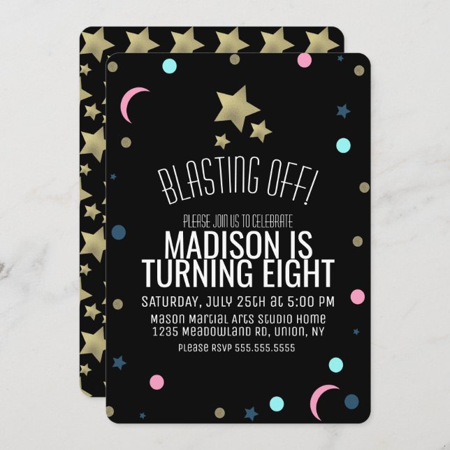 Galaxy Faux Gold Stars Confetti Space Birthday Invitation (Front/Back)