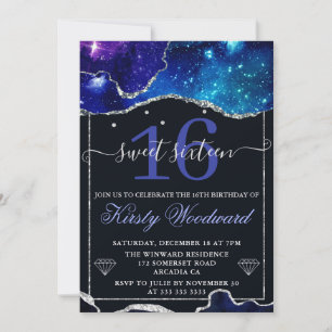 Galaxy & Faux Silver Glitter Agate Sweet 16 Invitation
