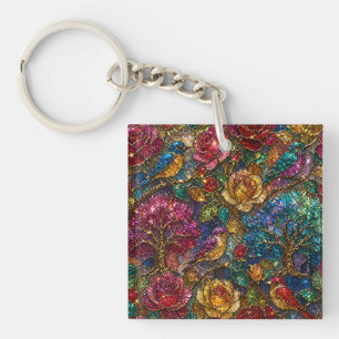 Galaxy Floral Birds Pattern Key Ring